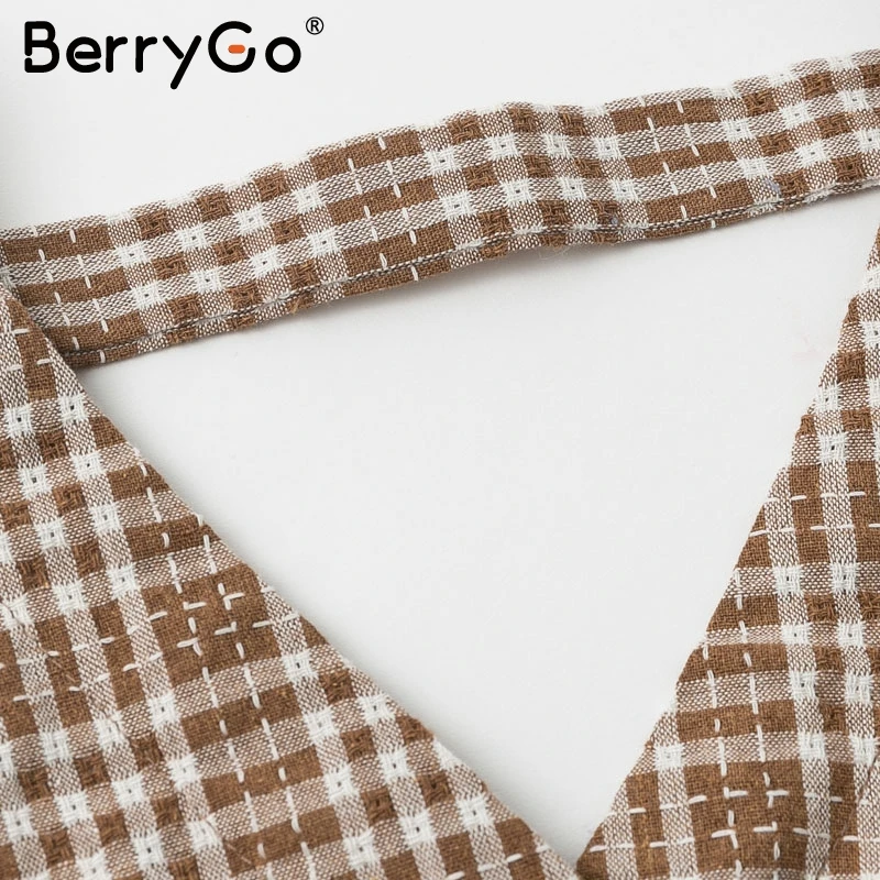 BerryGo Vintage plaid women blouse shirt Sexy backless lace up female top shirt Autumn puff sleeve oversize ladies blouses retro