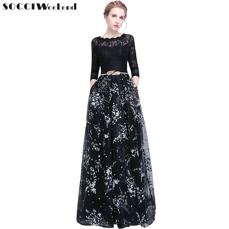 

SOCCI Weekend Robe De Soiree New Banquet Evening Dress The Bride Simple Black Lace Stitching 3/4 Sleeved Long Prom Party Gown