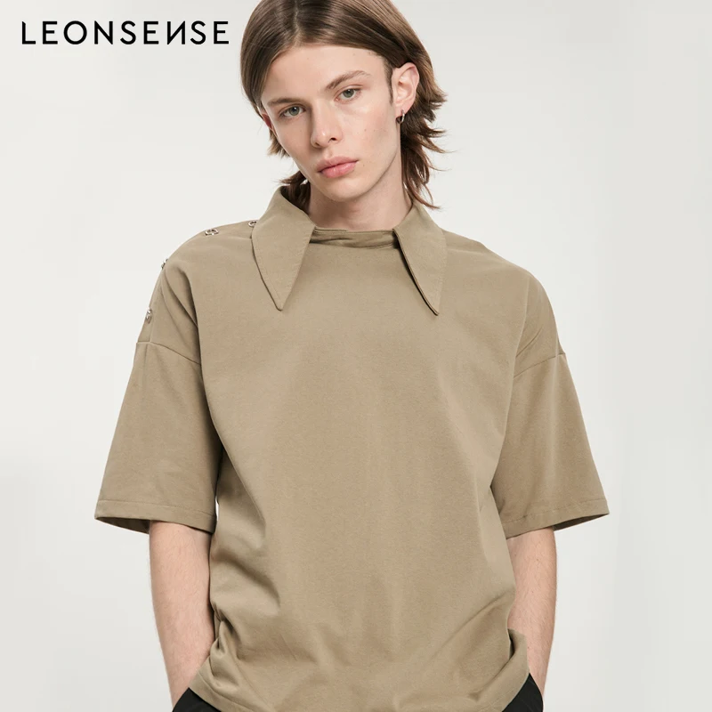 

Leonsense Casual Short Lapel Microphone Army Green Solid Buckles Loose High Quality Shirt Men Camiseta Verano Hombre