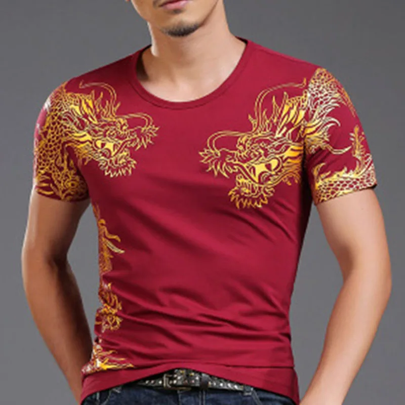Летняя мужская футболка в китайском стиле, с круглым вырезом, с принтом дракона, с коротким рукавом, тонкая, Лайкра, Хлопок, высокая эластичность, повседневная, Спортивная, 4XL рубашка - Цвет: Красный