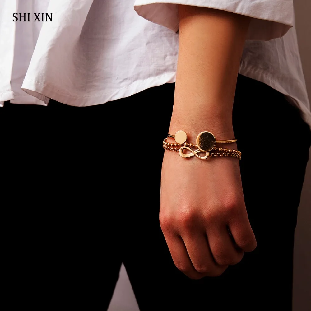 

SHIXIN 3Pcs Boho Trendy Charms Round Sequins Bracelets Bangles Set Small Beads Chain Number 8 Pendant Women Fashion Jewelry Gift