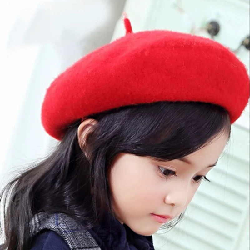 HT2185 Beret Solid Plain Kids Hat Autumn Winter Wool Hat Girls Winter Beret Child Stylish Beret Hat Vintage Retro Warm Hat Child