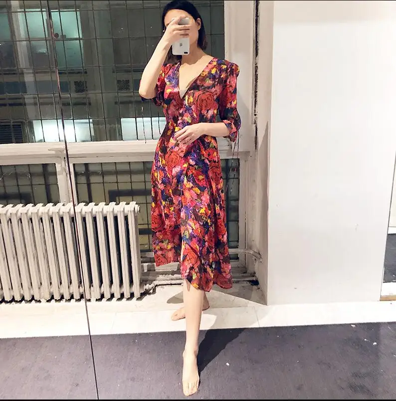 

Women Dress summer hot 100% silk New V-neck Floral Print Wrap midi Dress