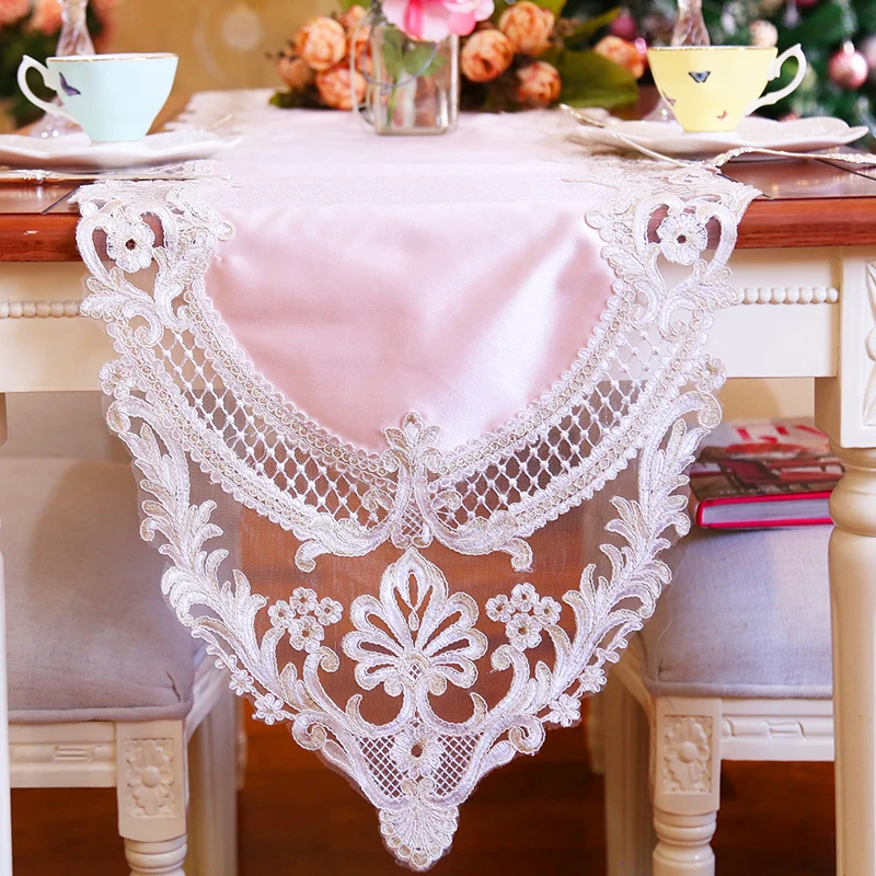 

NEW LOVELY Princess style Home cloth European white/pink Lace embroidery tablerunner tablecloth