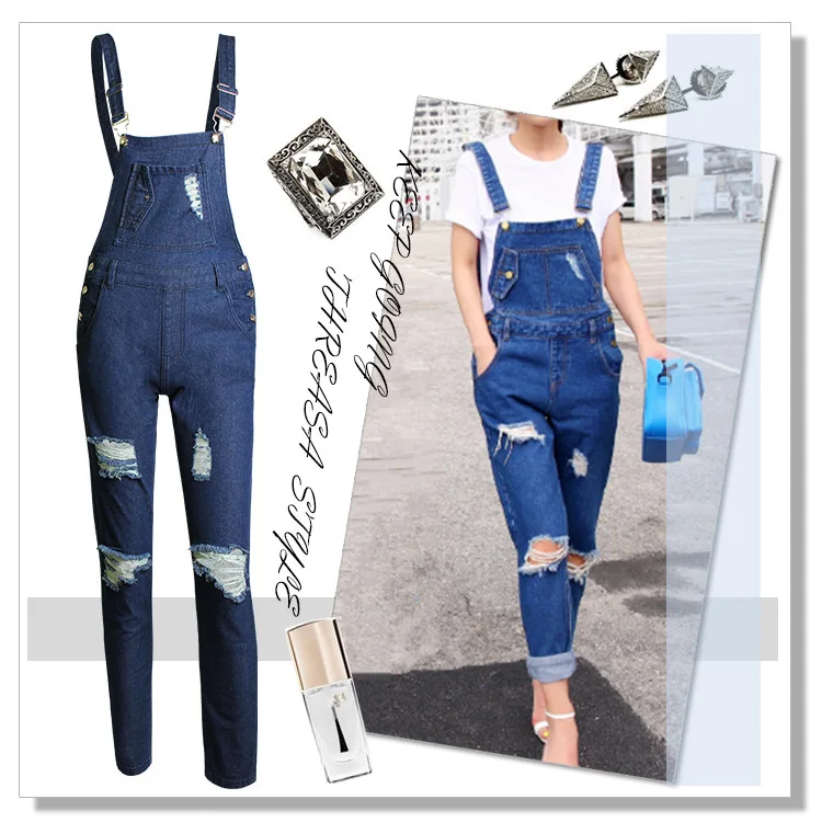 2015 Autumn Fashion Womens Jeans Cargo Pant Ripped Knee Hole Denim Overalls Girls Loose Pants Jeans