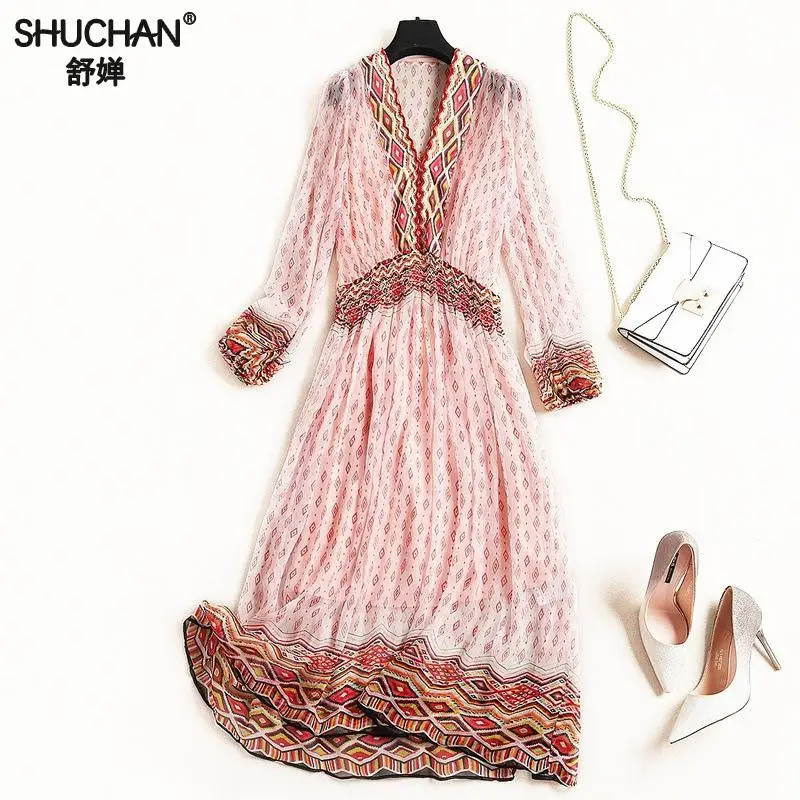 

Shuchan Indie Folk 100% Natural Silk Dress For Women Print Long Summer Dresses V-neck Clothes Women's Dress 2019 New ! 10372