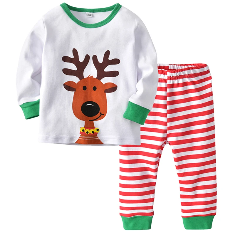 Christmas Sleepwear Home Wear Clothes Baby Home Service Boy Girl Red Print Christmas Deer Top+ Striped Pants Set Kids Clothes