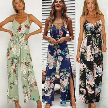 

Sexy Sleeveless jumpsuit women long romper summer backless floral trousers beach jumpsuit side split coveralls sexy female frock