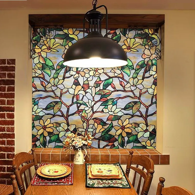 2018 Newest Static Cling Stained Glass Window Film Magnolia Flower Privacy film Art Decorative