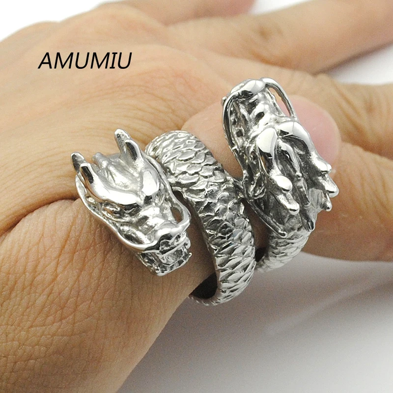 Amumiu Dragon Rings For Men Vintage Punk Rock Biker Jewelry Doppia Testa Ruota Hzr038