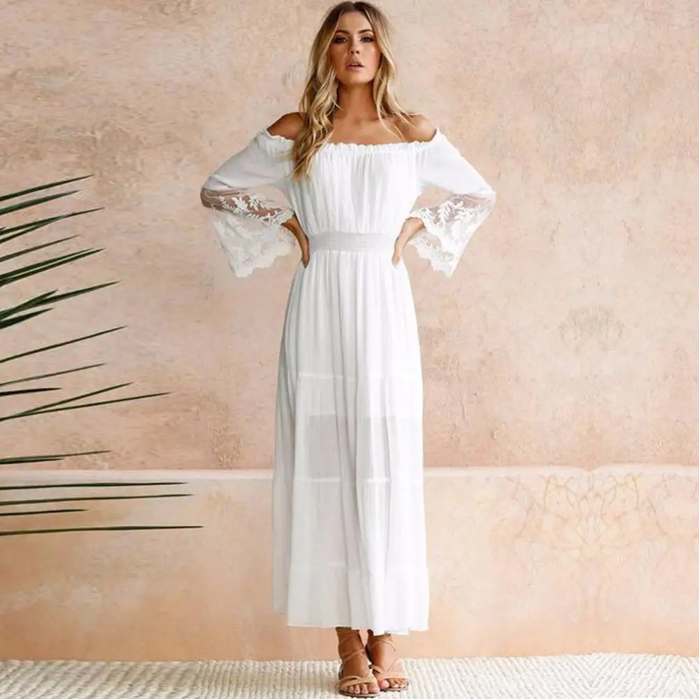 Summer Sundress Long Women White Beach Dress Strapless Long Sleeve ...