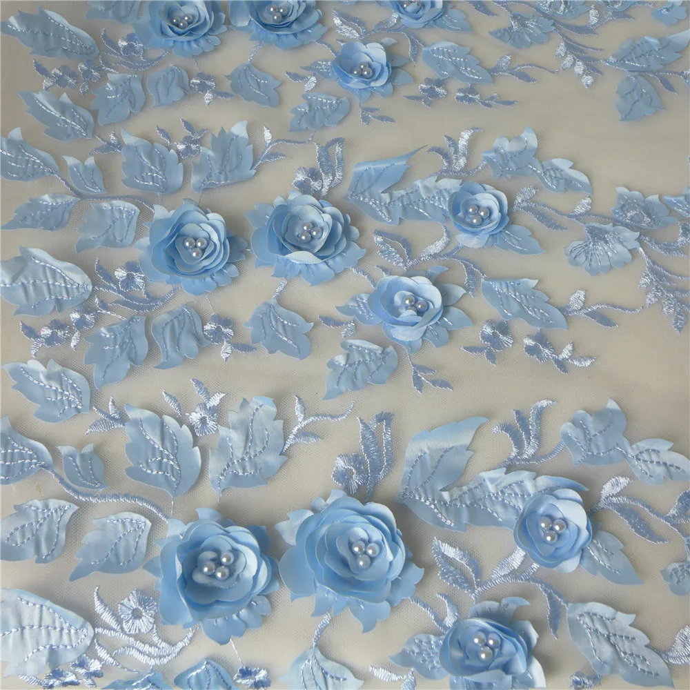 Один ярд нежный светильник синий жемчуг бисером Тюлевая сетчатая кружевная ткань вышитые 3D цветок свадебное платье Французский кружевной ткани