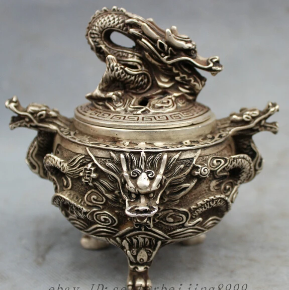 

Chinese Dynasty Palace Silver Dragon Head Statue Bronze Incense Burner Censer