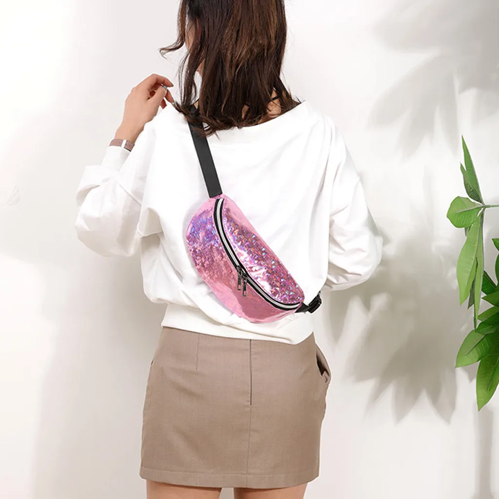 

Women fanny pack waist bag nerka damska Outdoor Zipper Sequin Laser kidney money Belt Purse Pouch Chest Bag sac banana femme