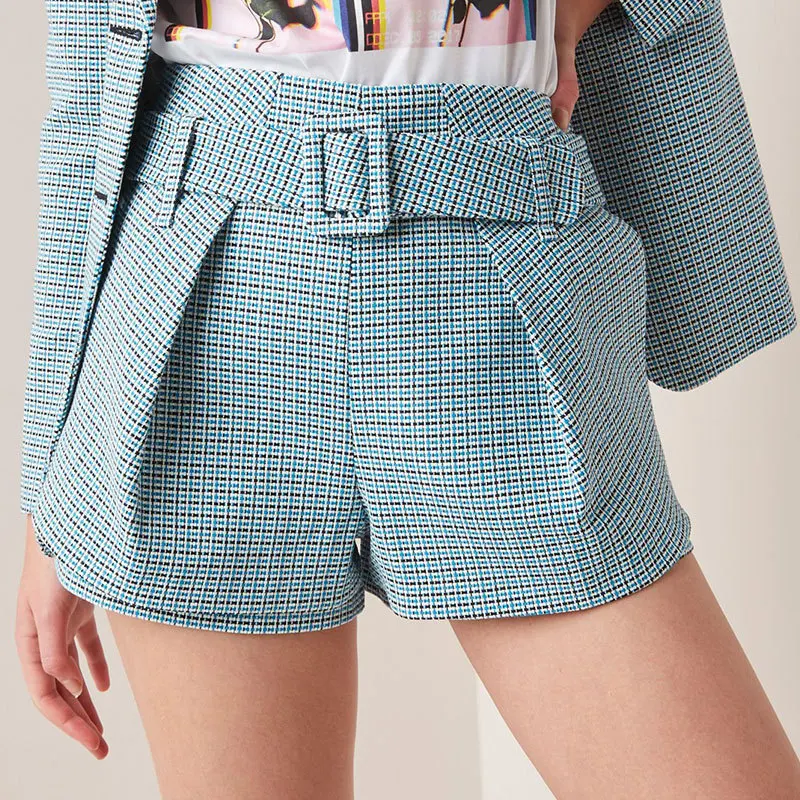 

2019 New Women Blue High Waist Plaid Short Pants