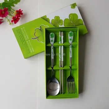

100sets/lot Wedding Events stainless steel four-leaf clover spoon fork chopstick set for Kids Birthday Party Supplies