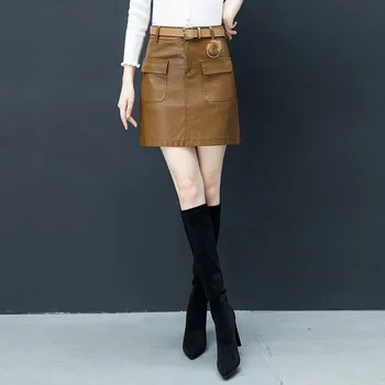 

Hot sale Large size Skirt 2018 Winter Fashion PU leather High waist Skirt Autumn Temperament Slim Female PU leather Skirt DT0363