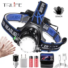 Linterna frontal LED superbrillante T6/L2/V6, linterna de cabeza con zoom, linterna, linterna con LED con detección de movimiento para campamento