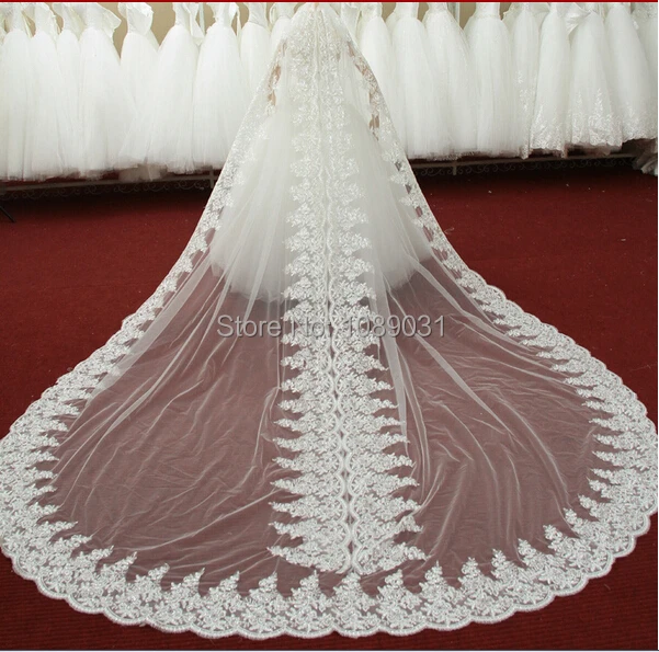 

2014 New Luxury Wedding Veil with Cathedral Train Appliqued Edge White/Ivory Wedding Accessories Wedding Dress Long Bridal Veil