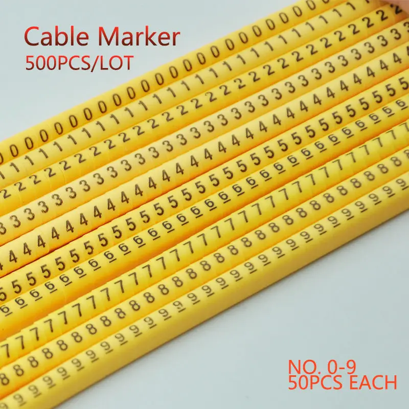 500 шт. EC-0 Маркер кабельной проводки от 0 до 9 для размера кабеля 1,5 sqmm желтый