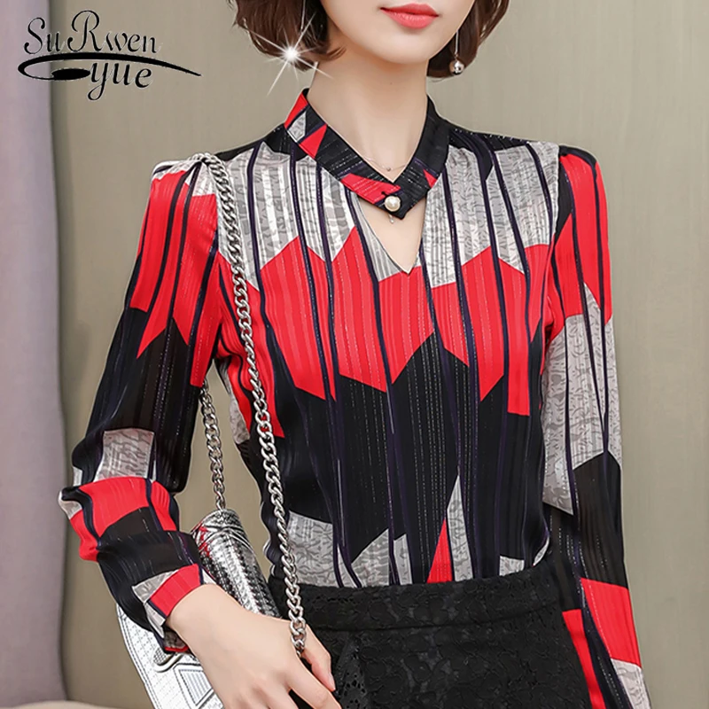 Blusas mujer de moda, винтажный шифоновый свитер, осенняя стильная женская блузка, рубашка с длинным рукавом и стоячим воротником, Свободная блуза 1478 45