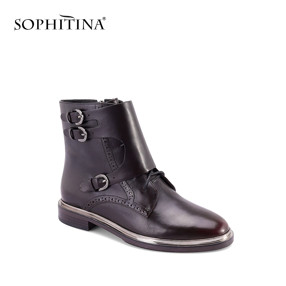 

SOPHITINA Genuine Leather Boots 2018 High Quality Handmade Round Toe Lady Ankle Boots Low Heels Buckle Luxury Woman Shoes M15