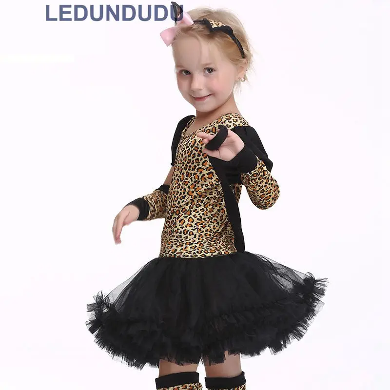 Kids Leopard Tiger Cute Girls Lace Dress Funny Catwoman Cosplay Lovely Cat Children Ballet Dresses Halloween Costumes  (3)