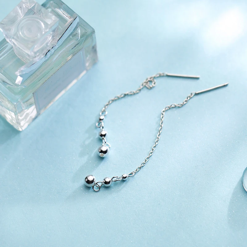 

MloveAcc 925 Sterling Silver Drop Earrings Long Tassel Round Beads Simple Style Brand Fine Jewelry for Women