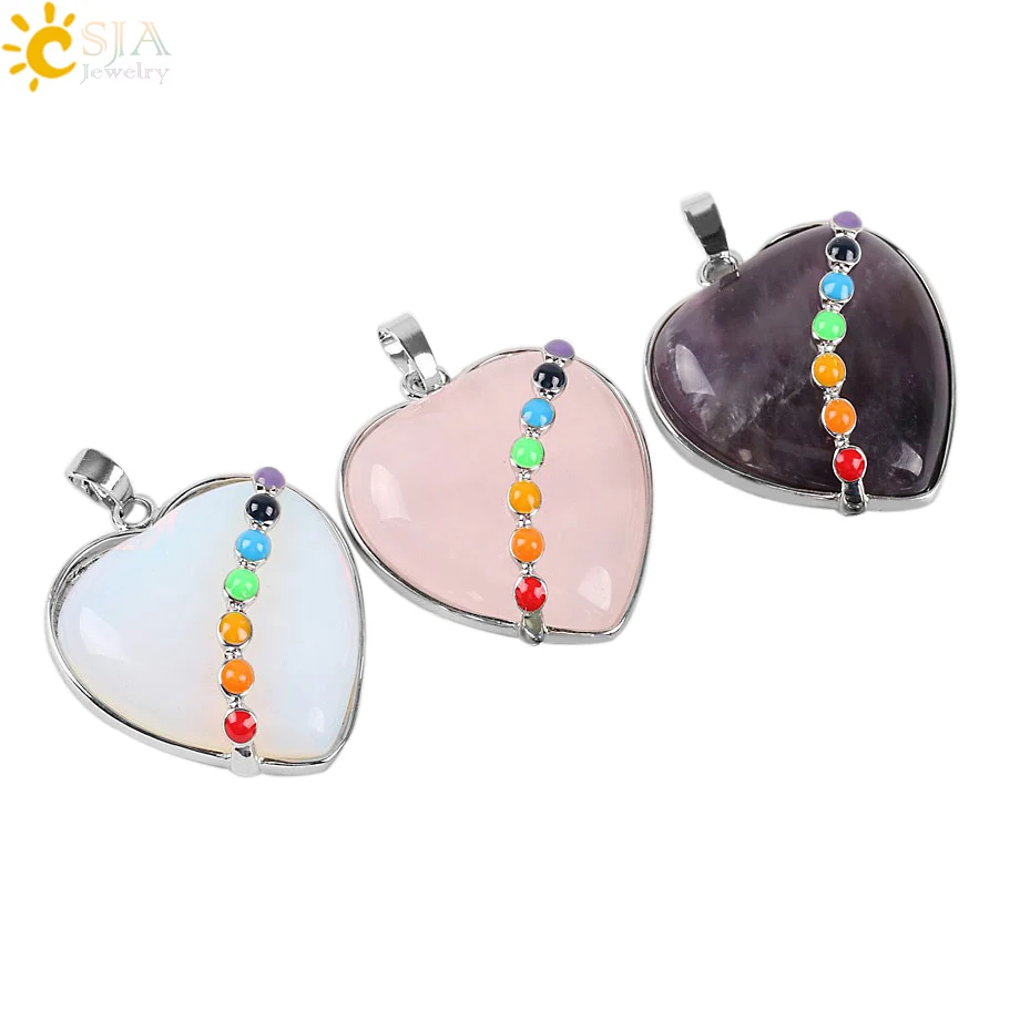 

CSJA Heart Gem 2016 New Reiki 7 Chakra Natural Stone Pendant Statement Necklace Love Choker Jewelry Men Women Best Gift E072