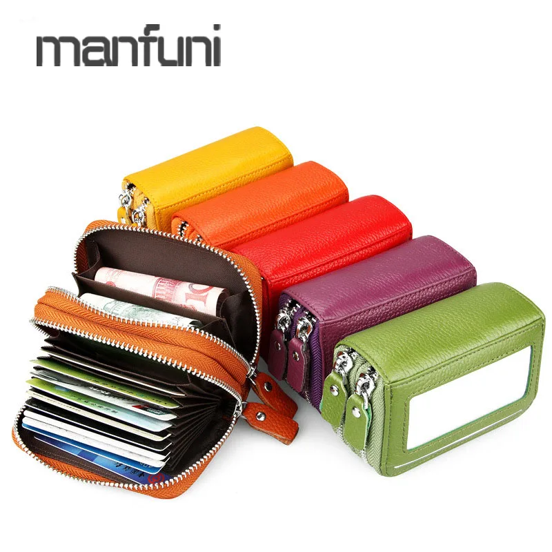 

RFID Genuine Leather Wallet For Credit Card Unisex Purse Women Men Business Double Zipper Short Wallets Card Holder Porte Carte