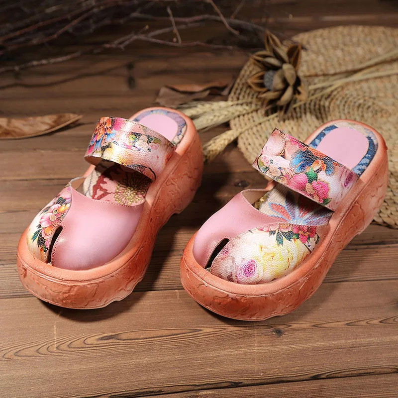 Новая женская обувь на тонкой подошве, в этническом стиле, украшенные вышивкой, туфли ручной работы из кожи в стиле ретро; сандалии в виде маффинов - Цвет: Розовый