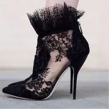 Модные женские ботинки с острым носком; пикантные Черные ботильоны на шнуровке; ботинки на высоком каблуке с молнией сзади; женская модельная обувь