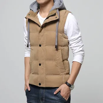 

M-4XL Casual Men Vest Men Slim Fit 2019 Waistcoat Hat Detachable Hooded Winter Warm Windbreak Khaki Men Vest