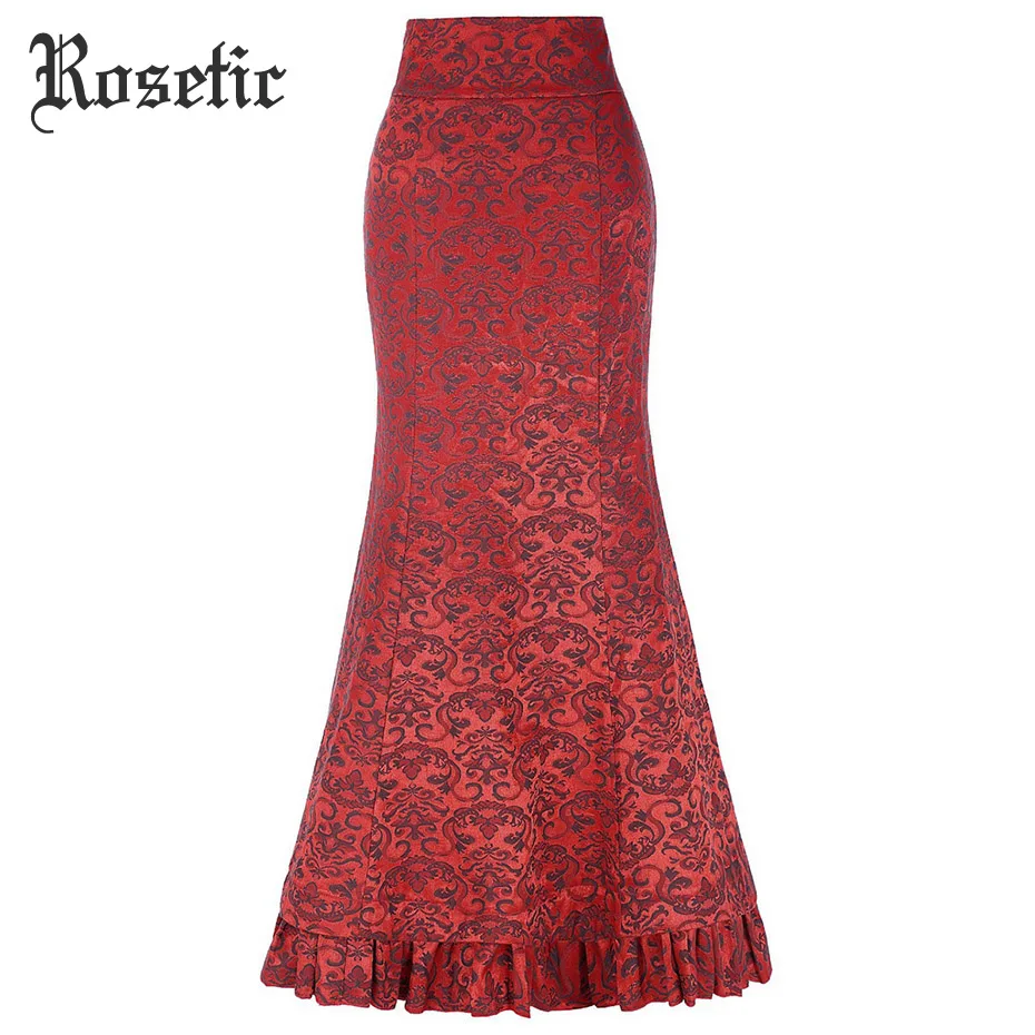 Rosetic Gothic Vintage Long Mermaid Skirt Asymmetric Floral Print Lace Patchwork Lace-Up Luxury High Waist Goth Black Skirts Skirts
