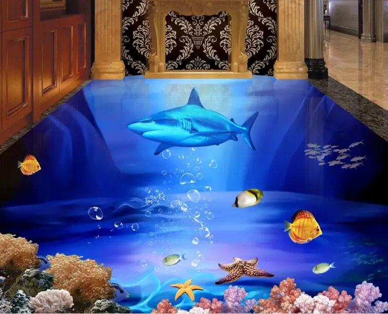 

3d floor painting customized photo wallpaper Shark starfish 3d floor tiles 3d mural wallpaper self adhesive 3d floor wallpaper