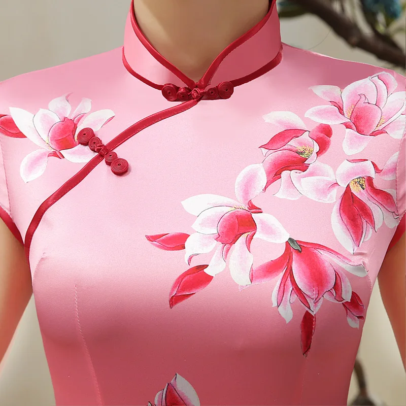 Китайский Cheongsam элегантный тонкий цветочный Повседневный винтажное женское платье Атласный Костюм Тан короткие платья s-xxl