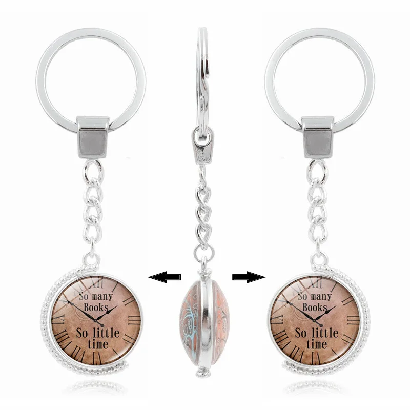 

New Arrival Keychain Jewelry with Silver Plated Glass Cabochon Clock Pattern Rotate Plush Car Key Chain Ring for Unisex Gift