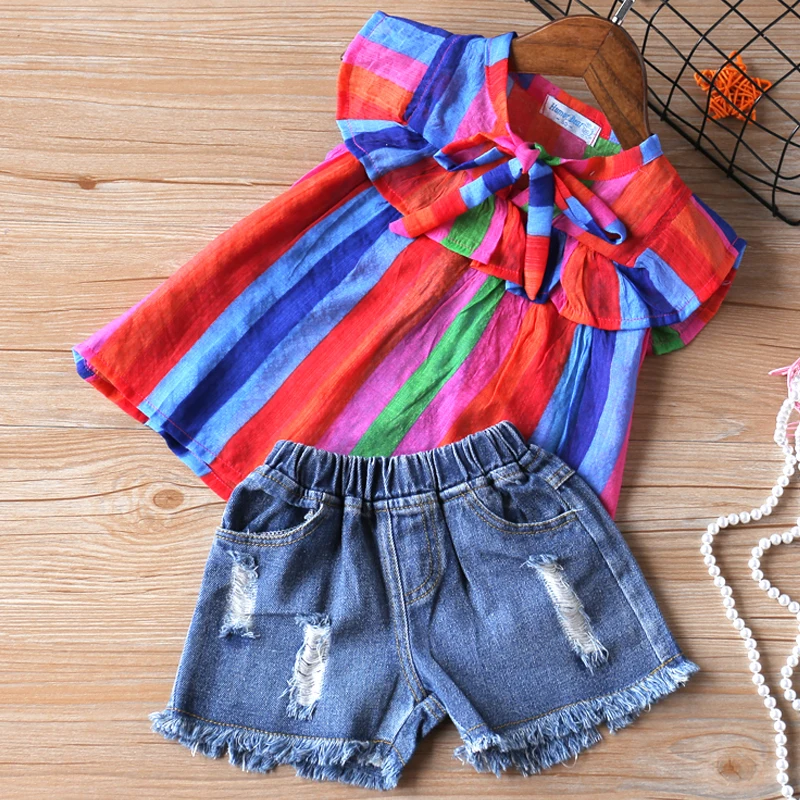 Sodawn для девочек Костюмы Комплект Одежда для маленьких девочек новые летние полосатые дизайнерские топы+штаны, комплект из 2 вещей детская одежда; одежда для малышей