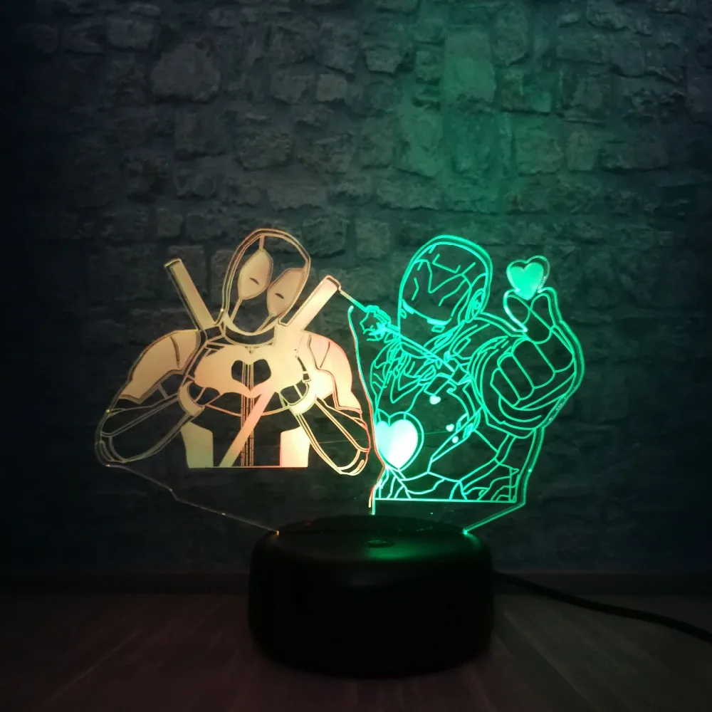 Marvel Legend 3D Дэдпул и Железный человек с сердечком светодиодный светильник смешанного цвета ночник RGB прикроватный столик Декор Дети Рождественский подарок игрушка