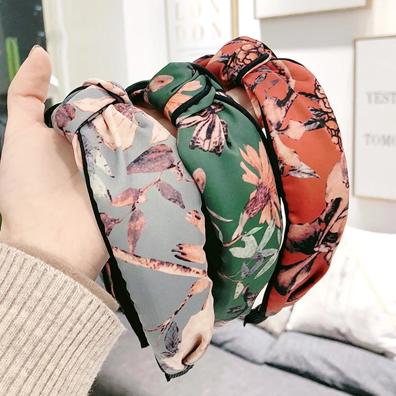 

Haimeikang Retro Cross-Knot Headdress Flower Printed Hair Accessories Korean Blue Gril Wide Headband Hair Hoop Headgear New