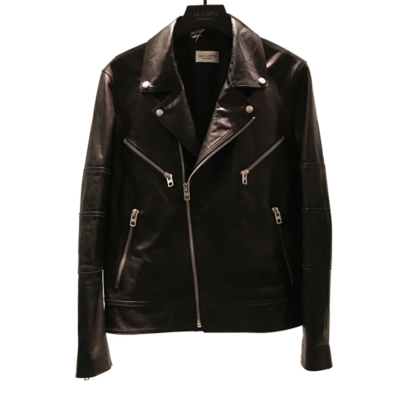 

New Men's Goatskin Leather Motorcycle Jacket Black Male Genuine Leather Coat Diagonal zipper real leather short jackets man
