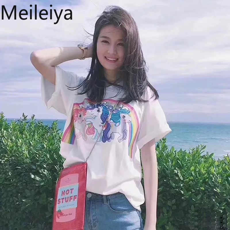 

My Little Pony Print Summer Unicorn Short-sleeved Rainbow Three Pony Lovers Loose T Shirt Women Tshirt O-Neck Tops Tees Casual
