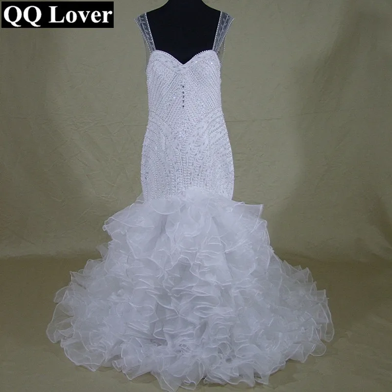 QQ Lover 2017 Sexy African White Mermaid font b Wedding b font Dresses Sheer Back Applique
