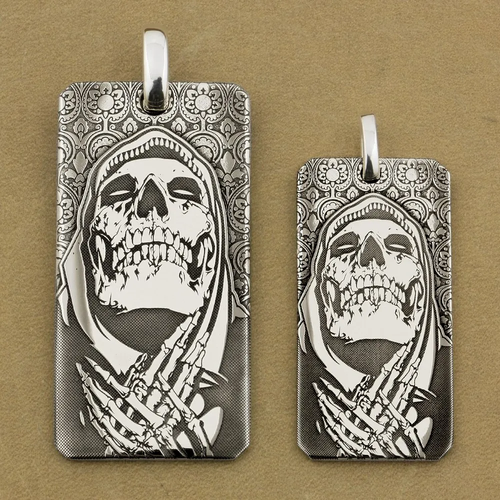 

999 Pure Silver High Details Deep Laser Engraved Praying Skull Dogtag Mens Biker Punk Pendant 9X028S Just Pendant