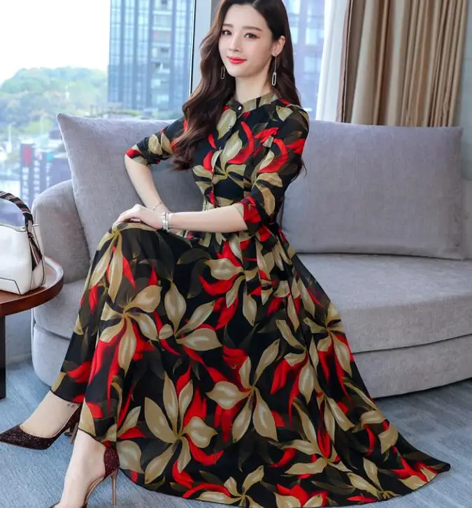 Богемный стиль размера плюс M-3XL элегантное стоячий воротник цветочный принт рукав три четверти Высокое качество шифоновое длинное платье