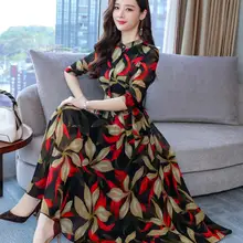 Богемный стиль размера плюс M-3XL элегантное стоячий воротник цветочный принт рукав три четверти Высокое качество шифоновое длинное платье