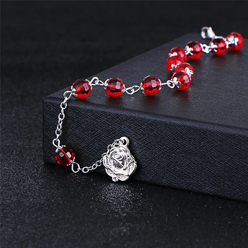 Коми модный красный кристалл, бусина, католические четки Роза кулон браслет для женщин ювелирные изделия браслеты религиозные подарки - Окраска металла: red