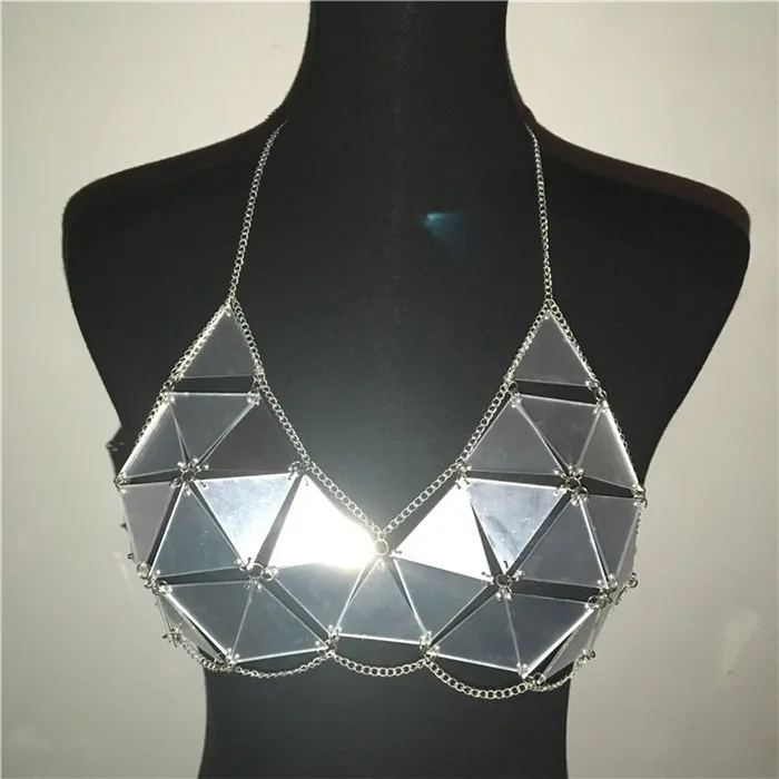 AKYZO, трёхсторонний акриловый зеркальный укороченный топ ручной работы в стиле пэчворк, летние открытые сексуальные женские вечерние пляжные майки с серебряной металлической цепочкой - Цвет: silver