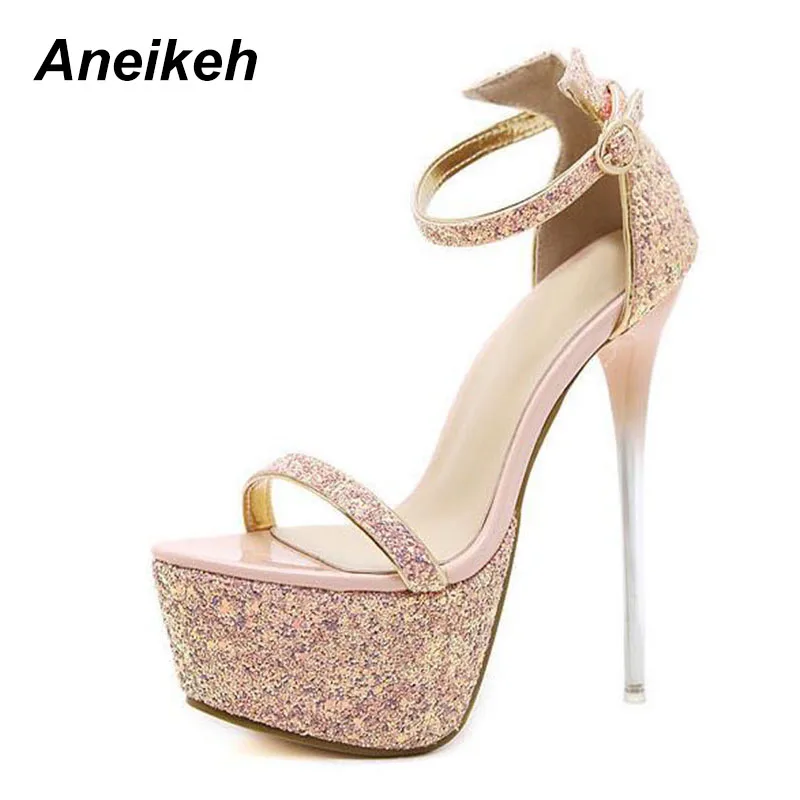 

Aneikeh Summer Sexy Women Sandals High Heels Bling Open Toe Transparent Heel Gladiator Sandals Platform Party Shoes Size 34-40