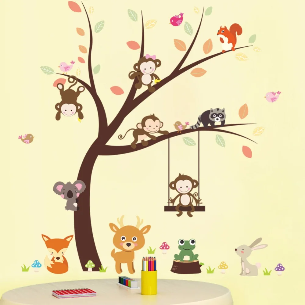 Details about   Forest Tree Branch Leaf Animal Cartoon Owl Monkey Bear Deer Wall Sticker For Kid 